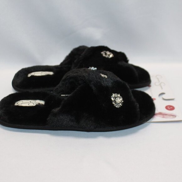 NWT Jessica Simpson Black Fur and Rhinestone Memory Foam Slippers - Picture 6 of 12